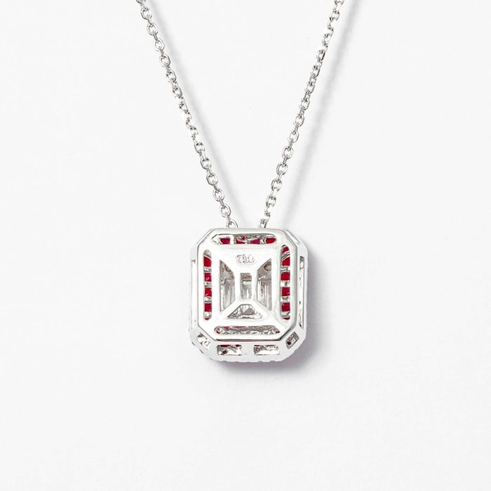 1.80 Carat Round, Square & Baguette Diamond & Ruby Cluster Pendant Necklace (White Gold)