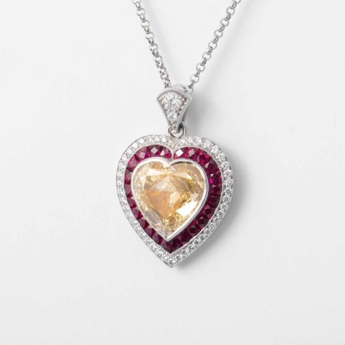 3.00 carat Fancy Yellow Heart-Shape Diamond and Ruby Pendant Necklace  (Platinum)