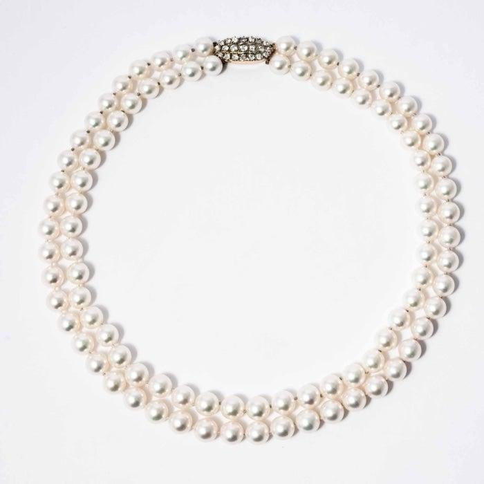 Double Row Pearl Necklace with Antique Diamond Clasp