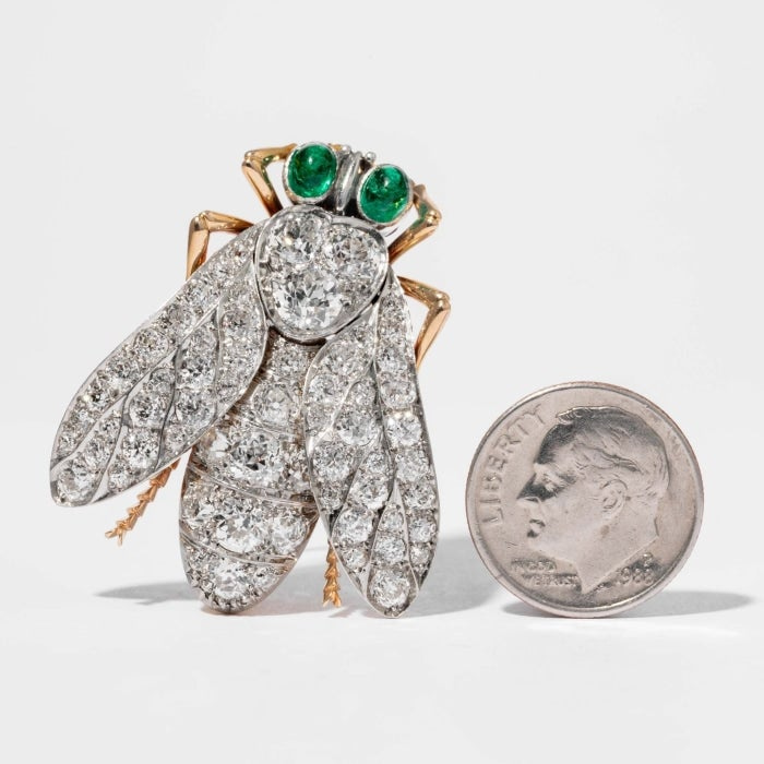 Edwardian Period Diamond & Emerald Eye Wasp Brooch (Two-Tone)