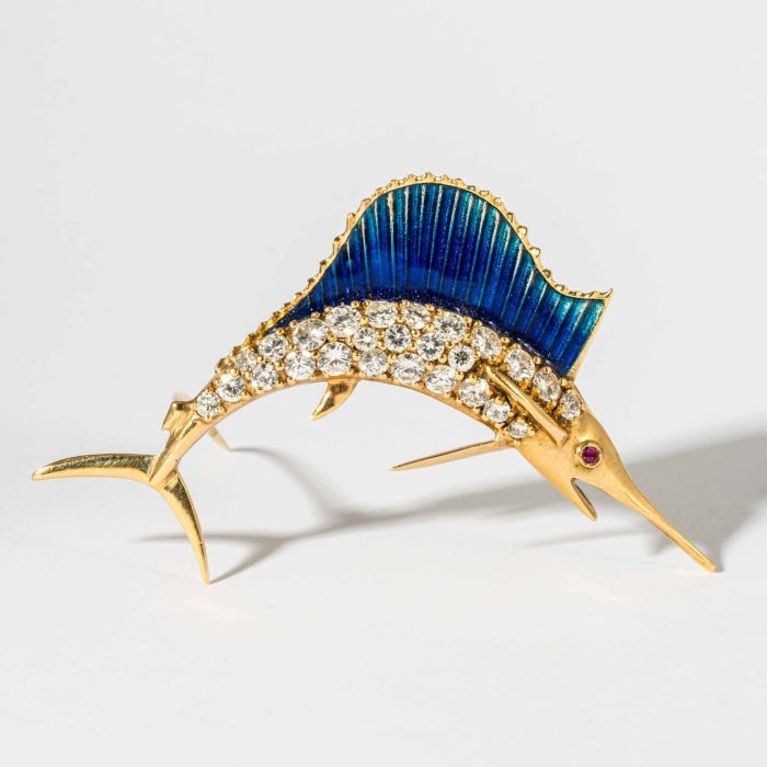 Estate 14K Yellow Gold Enameled Turquoise & Diamond Brooch