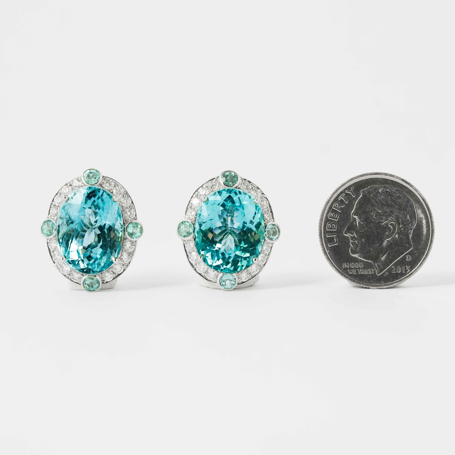 13.89 Carat Oval Paraiba Tourmaline Cluster Earrings (Gia & Agl Certified, White Gold)