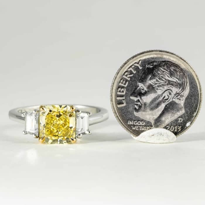 1.74 carat Fancy Intense Yellow Canary Cushion Cut 3-Stone Diamond Ring  (GIA Certified, Two Tone)