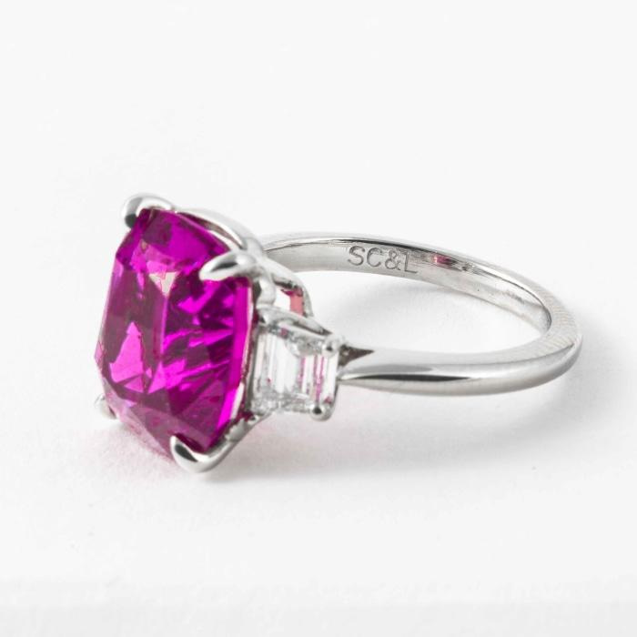 9.69 carat Cushion Cut Pink Sapphire & Diamond three Stone Ring