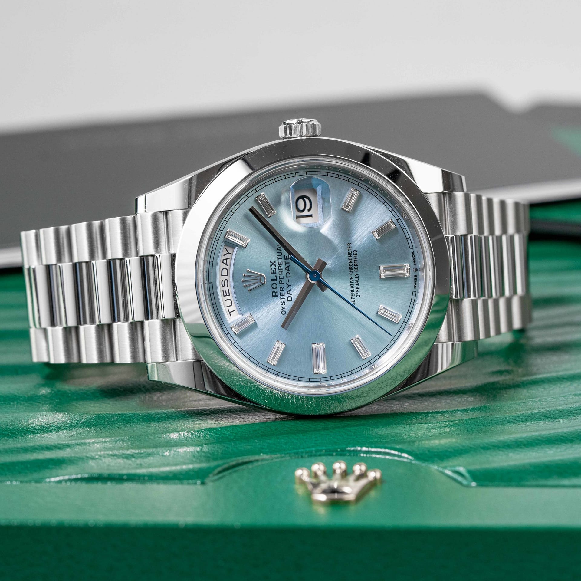 Rolex Day Date 40mm 228206 Platinum Ice Blue Baguette Dial 2022